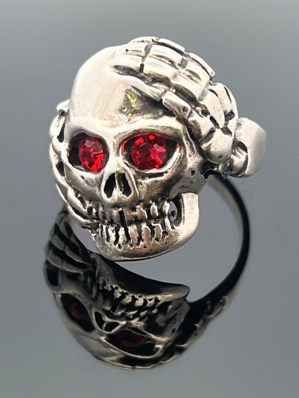 925 Silver Men's Gothic Skull Ring w/ Red Crystal Eyes & Skeleton Hands - Sz. 12